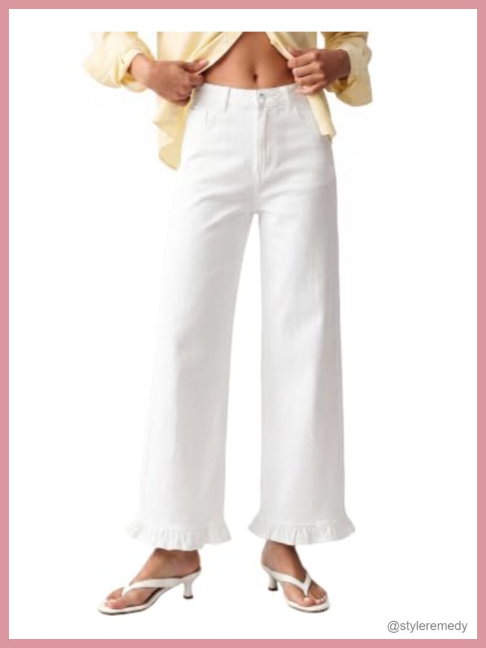 Wide Leg High Rise Women's Jeans with Ruffle Hem, Cropped Ankle Length, Stretch